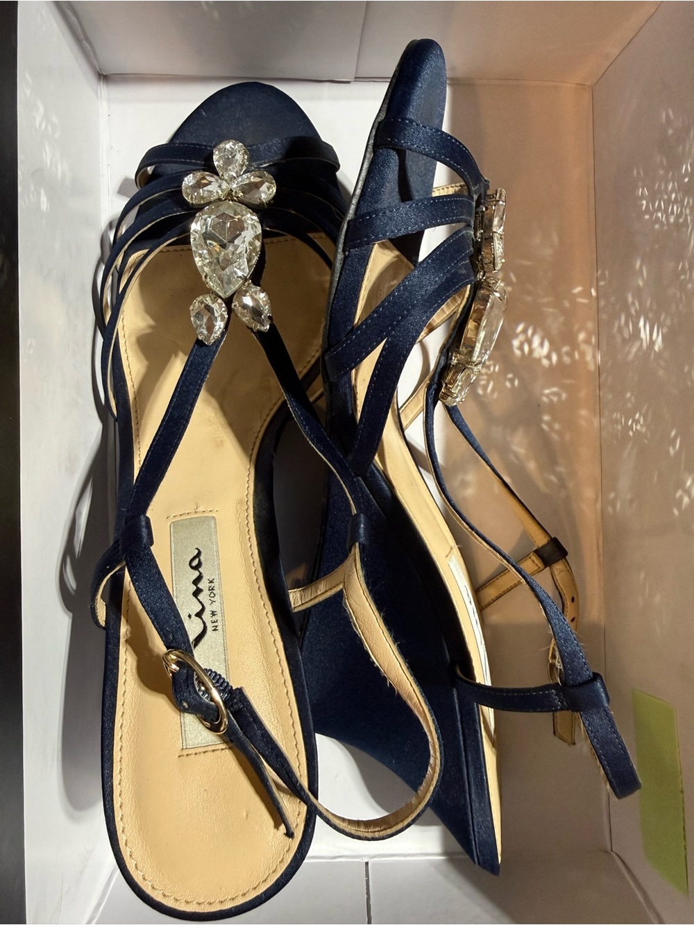 Nina Navy Satin Jeweled Heels